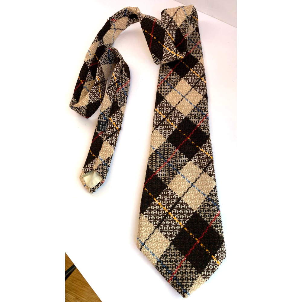 Vintage 1960s Wool Argyle Necktie Brown Cream Yellow Red Blue